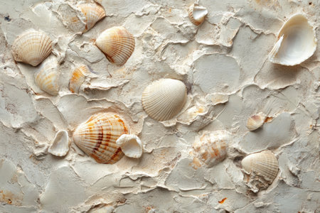 Sandy texture featuring small pebbles and seashells on a coastal surface during daylightの写真素材