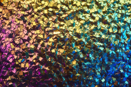 Shimmering holographic foil texture displaying vibrant colors and shifting patternsの写真素材