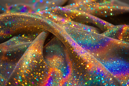 Holographic fabric texture with glittering details in vibrant colors and shimmering reflectionsの写真素材