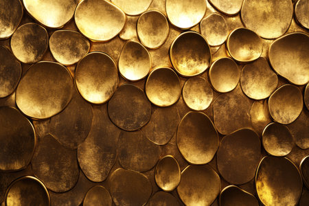 Unique hammered gold metal texture showcasing uneven circular patterns and a luxurious appearance for artistic backgroundsの写真素材