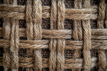 Close-up texture of warm-toned natural linen showcasing intricate woven fibers and craftsmanshipの素材