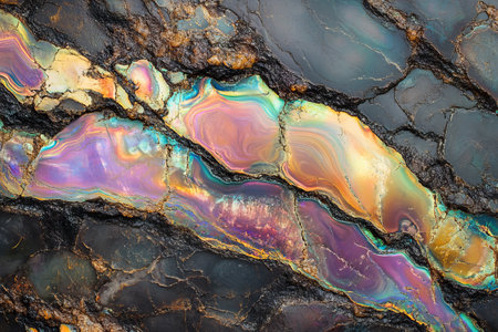 Polished holographic stone textured surface showcasing vibrant colors and intricate patternsの写真素材