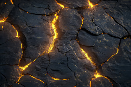 Jagged rock surface texture with glowing cracks illuminated in dark backdrop