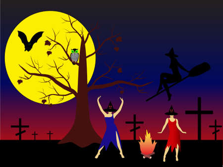  illustration of halloween background. Halloween night with Witch.の写真素材