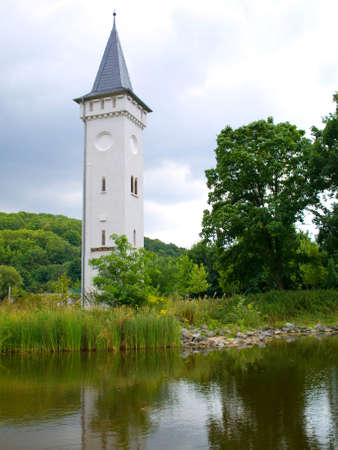 lake and tower on nature backgroundの写真素材