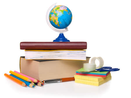 school tools: notebook, globe, pencil, sticky tape, scissors, book