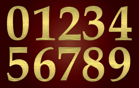 Set of golden metal numbers on a maroon plate.のイラスト素材