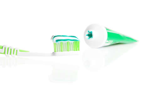 Macro shot of toothbrush with dental paste. の写真素材