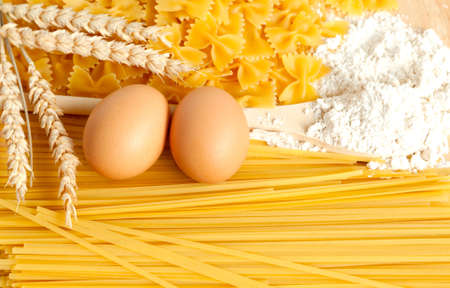 Food background: macaroni, spagetti, egg, flour, wheat の写真素材
