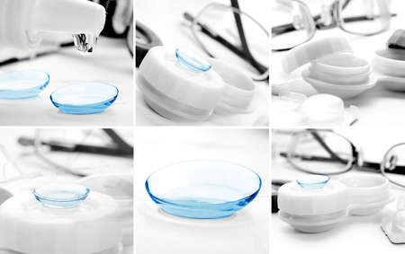 set of blue contact lenses in container with solution.の写真素材
