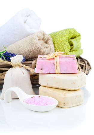 aromatic bath salt and toiletries, isolated on white backgroundの写真素材