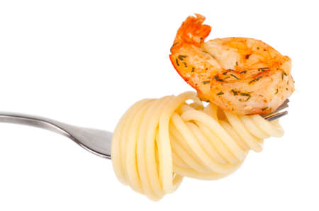Shrimp Linguine with Pasta on a fork. Focus on shrimの写真素材