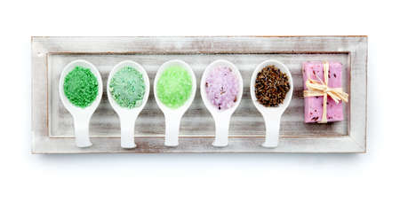 aromatic bath salt for relaxation, isolated on white backgroundの写真素材