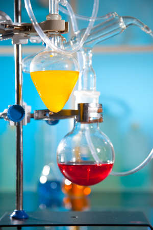 glass laboratory apparatus with liquid samplesの写真素材