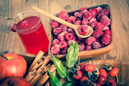 raspberries in the wooden bowl