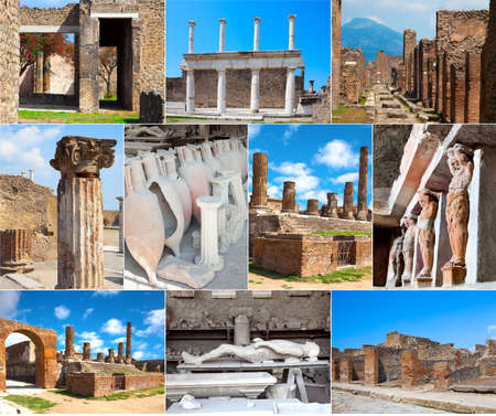 Collection of photos in Pompeii, Italy. The eruption of 79 AD buried the city preserving details of the life in a Roman cityの写真素材