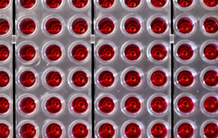 96 well plates on lab table with red liquid samples