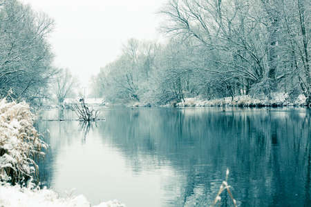 small river in winter, with treesの写真素材