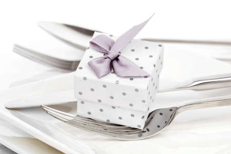 Valentines day table setting with romantic gift box,  to celebrate the holiday with a loved oneの写真素材