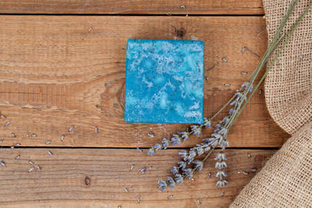 lavender handmade soap bars, on wooden backgroundの写真素材