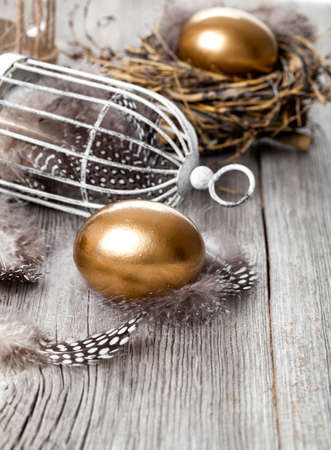 golden egg in nest, on wooden backgroundの写真素材