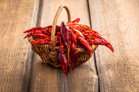 crawfish on wooden backgroundの写真素材