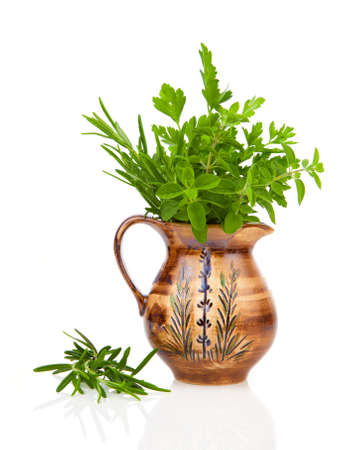rosemary, oregano and parsley in a jar, on white background.の写真素材