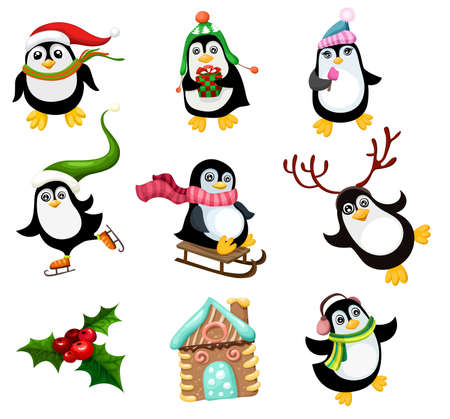 vector christmas illustration with penguinsのイラスト素材