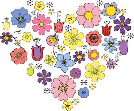 Multicolored Heart of doodle flowers in the vector on the white backgroundのイラスト素材
