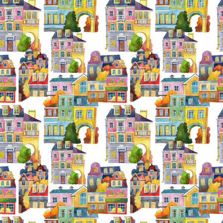 Pattern of watercolor houses isolated on white background. Childrens illustration. Seamless background.の写真素材