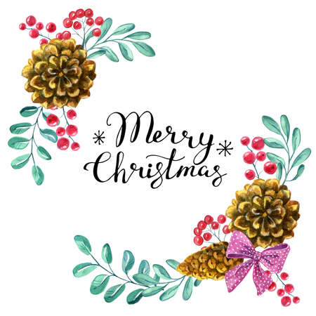 Christmas ornaments from the branches painted with watercolors on white background. Branches of trees. Holly sprigs with red berries.の写真素材