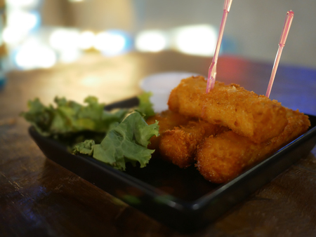 cheese stick fired on the plate with vegetable for decorate, dinner outside with light bokeh place.の写真素材