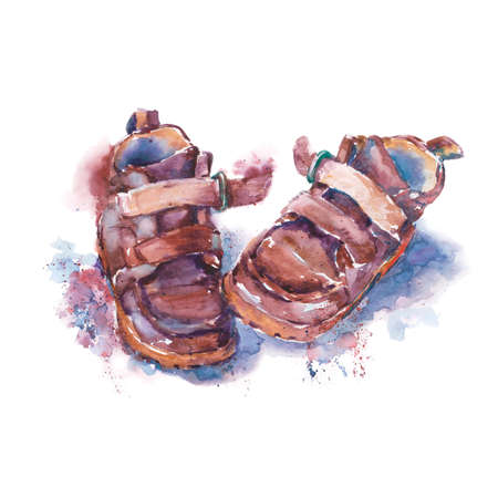 pair of children's shoes with Velcro stitching, watercolor illustrationの写真素材
