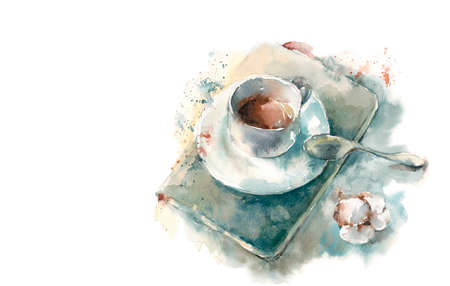 cup of coffee with notepad and flower cotton, watercolor illustrationの写真素材