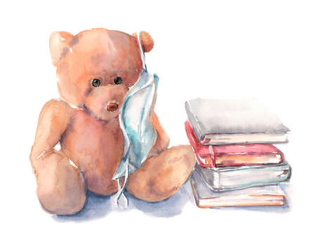 teddy bear in a medical mask with booksの写真素材