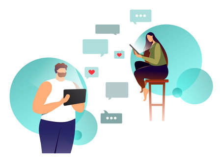 a guy and a girl with a gadget chatting on a social networkのイラスト素材