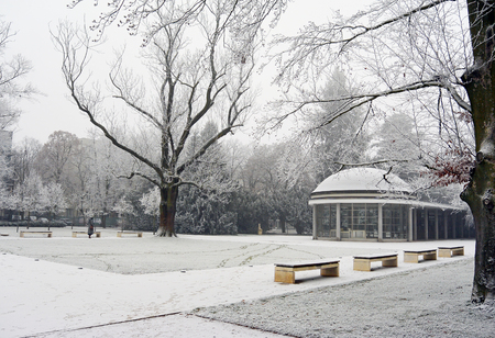 View on Kolonada Libensky, gallery in Podebrady, popular Czech spa city. Empty benches in winter parkの写真素材
