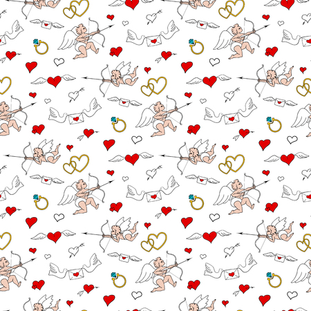 Seamless pattern with angels and hearts in doodle style. Valentines Day. Romantic love hand draw on white backgroundのイラスト素材