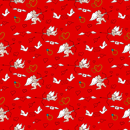 Seamless pattern with angels and hearts in doodle style. Valentines Day. Romantic love hand draw on red backgroundのイラスト素材