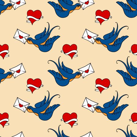 vector seamless pattern with swallow birds and hearts, made in old school tattoo style. Valentines day or wedding design.の写真素材