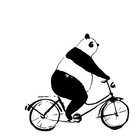 Panda bear on bicycle illustration. Good for T-shirt, bag or whatever print. Black and white vector illustrationのイラスト素材