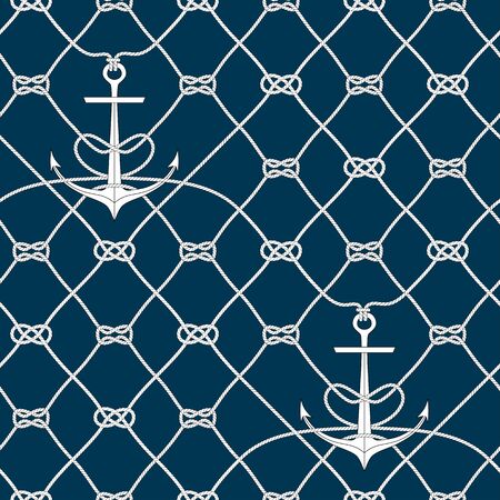 Nautical rope seamless fishnet pattern with anchors on dark blue background, cord gridの写真素材