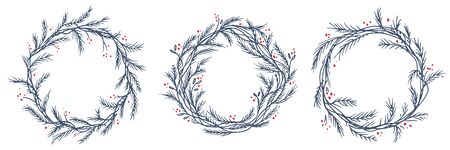 Vector set of silhouette of christmas wreath. Hand drawn branches and berries, circle frames or bordersのイラスト素材