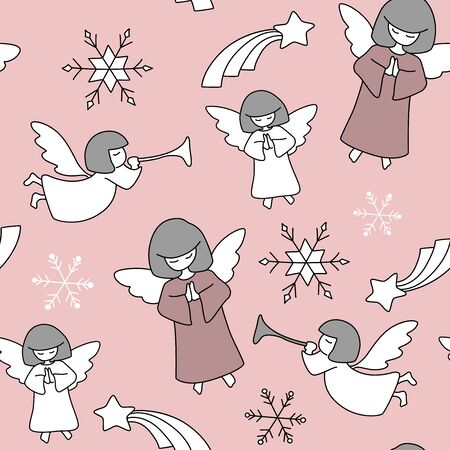 Vector seamless christmas pattern with angels, christmas stars and snowflakesの写真素材