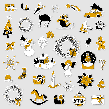 Christmas layered stickers set with gift box.のイラスト素材