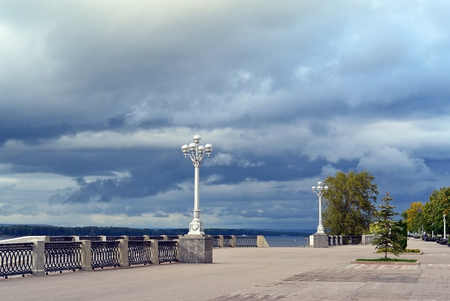View on old style street lamp on the quay promenade of river Volga in the city Samaraの写真素材