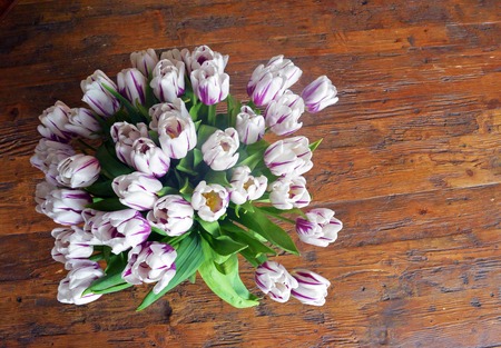 Colorful bouquet of pink and white tulips on a old wooden table. Top view with copy spaceの写真素材