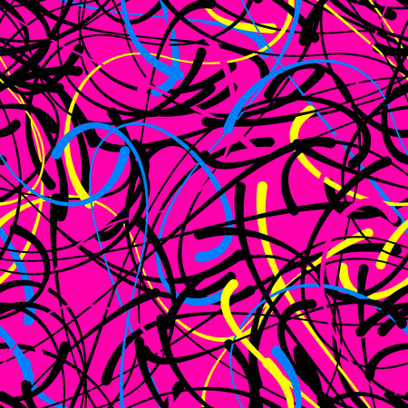 Abstract doodle blob lines. calligraphic curves vector seamless pattern, bright pink color splash designのイラスト素材