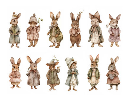 Set with vintage wearing rabbits in watercolor. Cute easter bunny in sepia pastel colors isolated on white.の素材