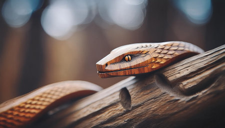 A wooden snake is curled on a tree branch, its body tightly wound around the wood. Soft warm background with bokeh effect.の写真素材